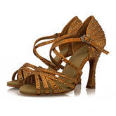Women's Brown 9cm Strappy Satin Rhinestones Sandal Latin Dance Shoes