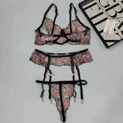 Pink embroidered bow bra