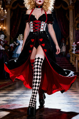 Off Shoulder Playsuit Romper Hearts Print Slit Maxi Skirt Halloween Set-Black