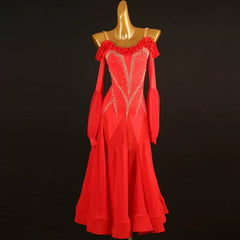 Customisable-Women's Red Long Sleeve DanceWear Ballroom Dance Dress