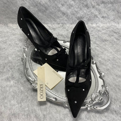 Bowsquare-toe black rhinestone high heels