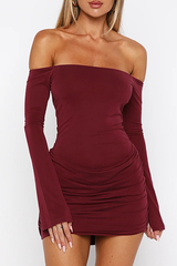 Off Shoulder Boat Neck Long Sleeve Ruched Slim Fit Mini Dresses-Burgundy