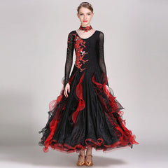 Women's Long Sleeve Lace Diamond WaltBallroom Dance Competition Modern Dance Large Swing Dress