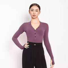 Women's Purple Long Sleeve Dance Tops Bodysuit LeotarPractice DanceWear