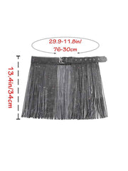 Shiny Wrap Belt Skirt - Black Rhinestone Tassel Skirt