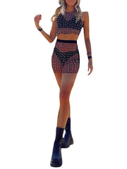 Pearl and Rhinestone Mesh Set - Cropped Top + Mini Skirt