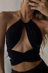 Chain Halter Irregular Neck Backless Ruched Crossover Tie Up Crop Top