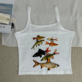 Small fish print short-sleeved halter top