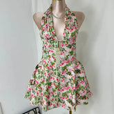 Deep V-Neck Halter Dress With Vintage Print