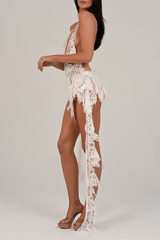 Floral Lace Plunge Neck Halter Ruffled Sash Mini Dresses-White Pre Order