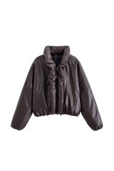 Turndown Collar Long Sleeve Solid Color Faux Leather Crop Padded Coat-Brown