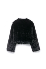 Faux Fur Long Sleeve Solid Color Fuzzy Crop Jacket-Black