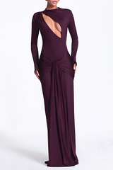 Cutout Round Neck Long Sleeve Ruched Long Streamer Slim Fit Maxi Dresses-Purple