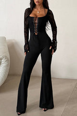 Eyelets Lace-Up Square Neck Lace Patchwork Slim Jumpsuit-Black