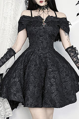 Cold Shoulder Cinch Waist Floral Textured Slip Mini Dresses-Black