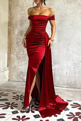Off Shoulder Ruched Cinch Waist Bodycon Satin Slit Gowns Maxi Dresses-Red