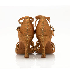 Women's Brown Silk Satin Rhinestones Strappy Latin Dance Shoes Customized Heel