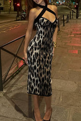 Halter V Neck Leopard Print Split Hem Bodycon Midi Dresses-Brown