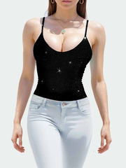 Elastic Tummy Control Sleeveless Black Bodysuit Sequin
