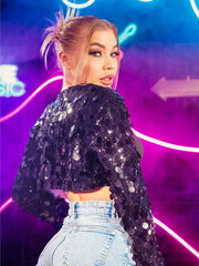Short Casual Black Sequin Jacket Top
