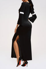 Cutout Flare Sleeve Slim Fit Side Slit Colorblock Nun Maxi Dresses-Black