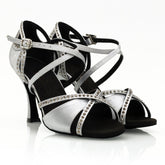 Women's Silver Customized Heel Open Toe Strappy Dance Shoes with Crystals
