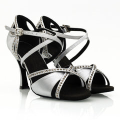 Women's Silver Customized Heel Open Toe Strappy Dance Shoes with Crystals