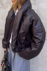 Turndown Collar Long Sleeve Solid Color Faux Leather Crop Padded Coat-Brown