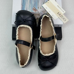 Round-toe retro bow flat leather shoes