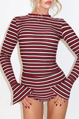 Striped Print Round Neck Flare Sleeve Top Slim Fit Shorts 2pcs Set-Burgundy