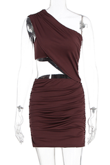 One Shoulder Boat Neck Cutout Ruched Bodycon Mini Dresses-Burgundy