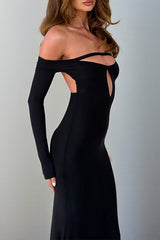 Cutout Off Shoulder Long Sleeve Backless Fitted Fishtail Maxi Dresses-Black