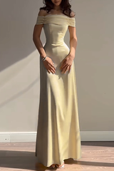 Ruched Off Shoulder Back Lace Up Cinch Waist Plain Gowns Maxi Dresses-Yellow