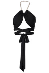 Chain Halter Irregular Neck Backless Ruched Crossover Tie Up Crop Top