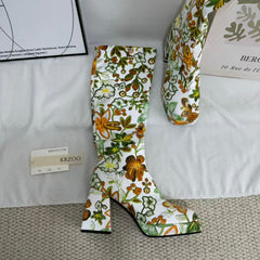 Color-block Floral Knee-High Boots