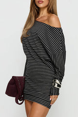 Striped Knit Off Shoulder Long Sleeve Slim Fit Casual Mini Dresses-Grey