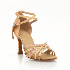 Women's Beige Silk Satin Rhinestones Strappy Latin Dance Shoes Customized Heel