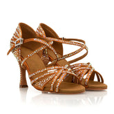 Women's Brown Customized Heel Open Toe Strappy Dance Shoes With Crystals