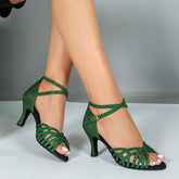 Women's Green Gliiter Customized Heel Latin Dance Shoes
