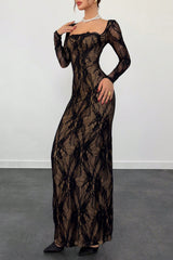 Square Neck Long Sleeve Lace Slim Fit Slit Hem Maxi Dresses-Black