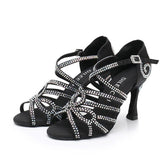 Women's Black Satin Customized Heel Ballroom Rhinestones Strappy Dance Shoes