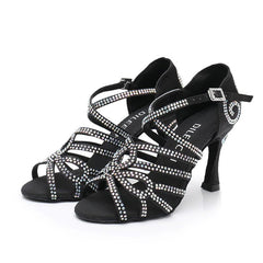 Women's Black Satin Customized Heel Ballroom Rhinestones Strappy Dance Shoes