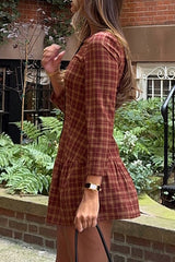 Plaid Print Round Neck Long Sleeve Button Up Cinch Waist Mini Dresses-Red