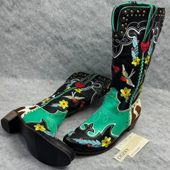 Embroidered rivet color-matched high boots