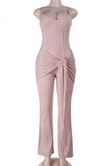 Ruched Tie Up Streamer Flared Leg Lace Cami Jumpsuit-Pink