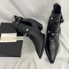 Black Leather Buckle Ankle Boots