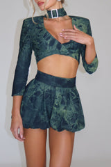 Tie-Dye Cut Out Crop Top Bubble Shorts 2pcs Set-Green Pre Order