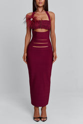 Cami Feather Cut Out Cinch Waist Bodycon Party Maxi Dresses-Red Pre Order
