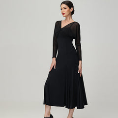 Customisable-Women's V Neck Long Sleeve WaltModern Ballroom Dance Dress Competition Dresses
