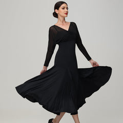 Customisable-Women's V Neck Long Sleeve WaltModern Ballroom Dance Dress Competition Dresses